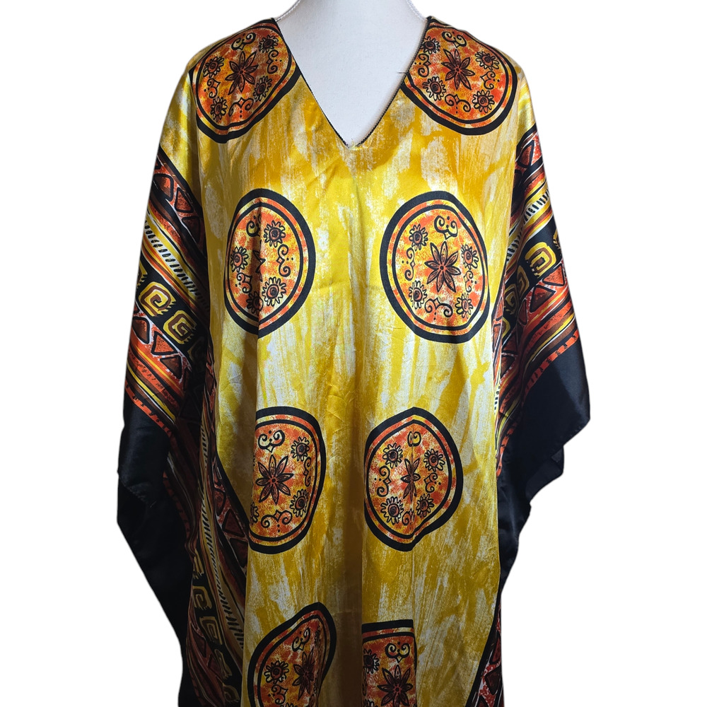 Winlar Womens XL Kaftan Yellow Orange Hippie Tunic African Boho Medallion Dress